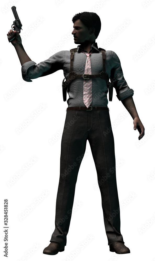 Standing Detective with Raised Weapon 3-D-Illustration (White Background) Standing Detective with Raised Weapon 3-D-Illustration (White Background)
