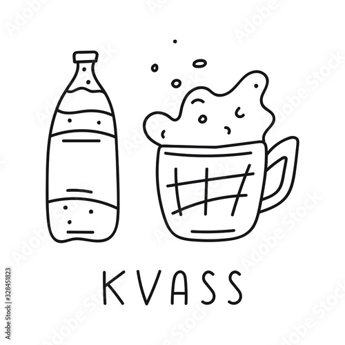 Hand drawn vector outline icons of bottle with mug on white background. Inscription - Kvass.