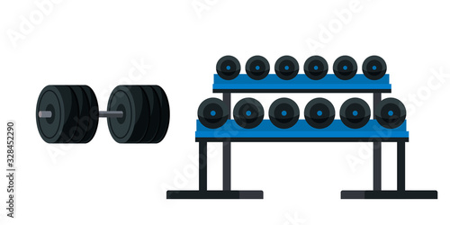 Dumbbells rack illustration. Weight lifting zone equipment vector drawing. Fitness club, bodybuilding gym. Barbells set for biceps muscles training. Heavy athletics workout, weightlifting.