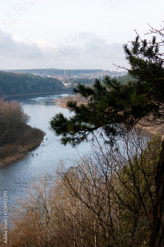 The surroundings of Grodno. Belarus. View of the Neman River from a high hill in the forest.