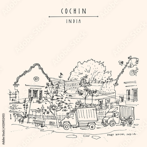 Cochin (Kochi), Kerala, India. Heritage colonial building and a tropical garden