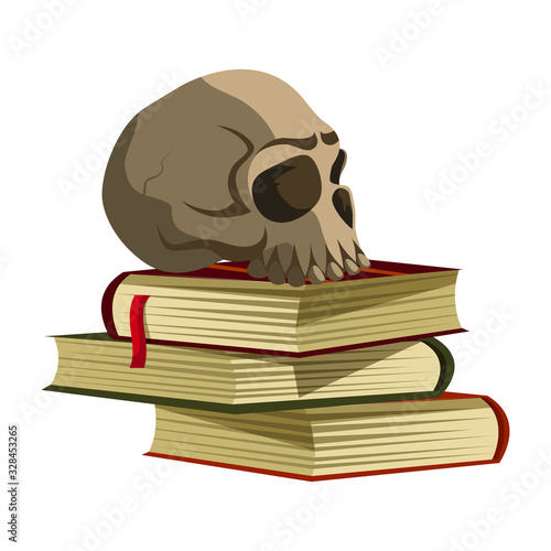Occult skull on spell book stack isolated on white