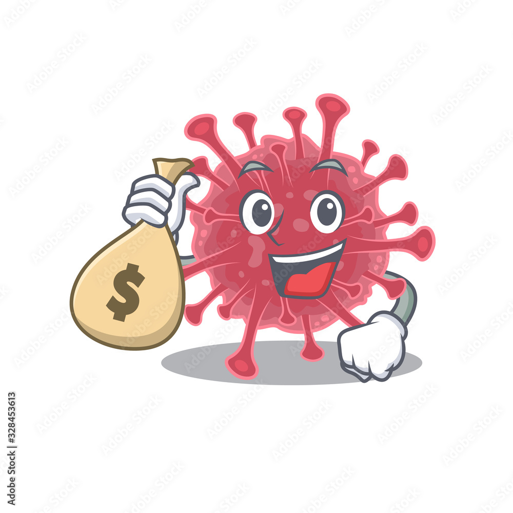 Smiley rich coronavirus disease cartoon character bring money bags Smiley rich coronavirus disease cartoon character bring money bags