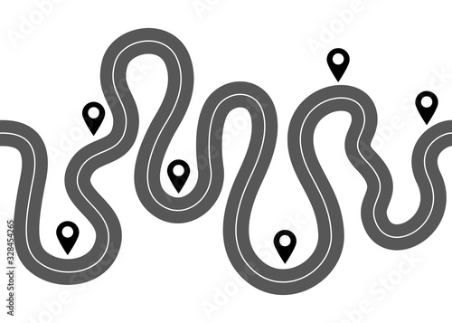 Asphalt road with map pointers. Road trip and journey along route. Winding path with stops. Vector on white background