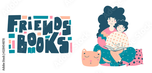 Mom child read book. Poster to day of book, home education concept flat vector illustration