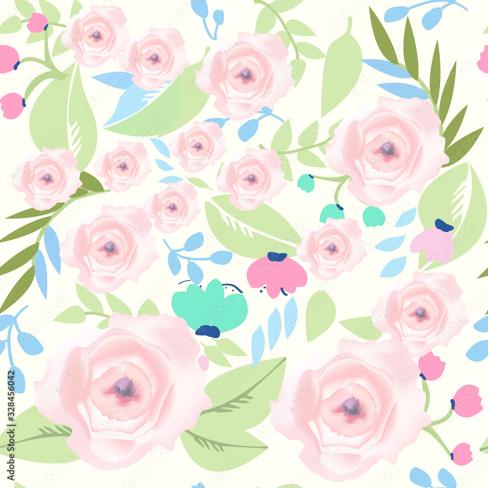 Pink Flowers and greenery leaves seamless pattern,illustration vector for textile prints or backdrop or wedding card background,elegant vintage flower and leaves,botanical tropical style