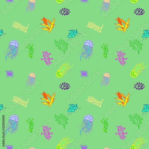 Underwater world seamless pattern  jellyfish and corals  algae. Use for backgrounds  prints on fabric  paper  etc.