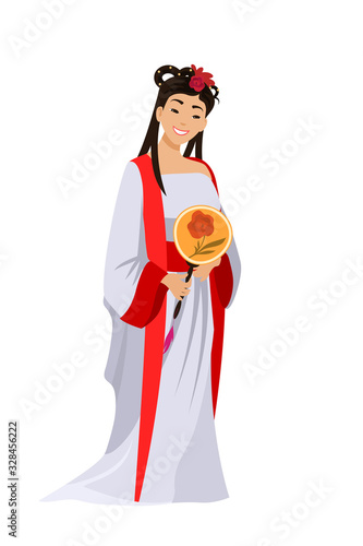 Happy chinese or japanese woman isolated on white