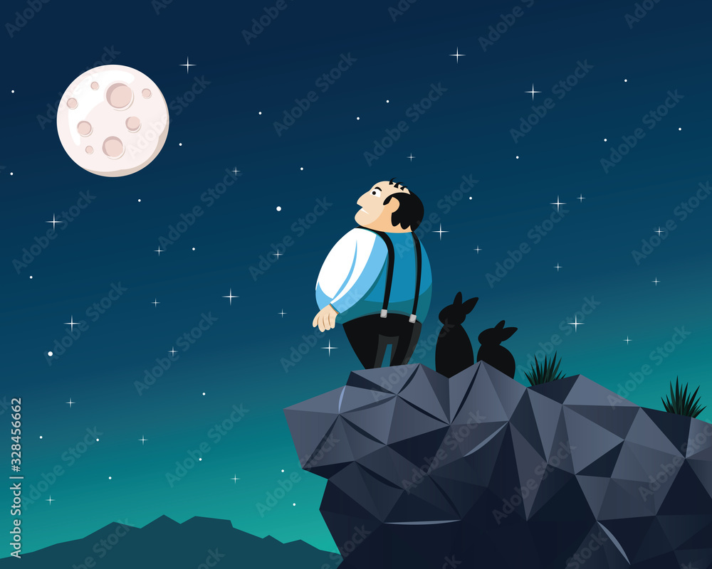 Romantic night sky with man, stars and moon. Our dreams and goals. Vector  simple cartoon illustration. Stock Vector | Adobe Stock