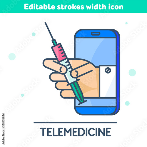 The telemedicine, medicine outline icon. Linear symbol of smartphone, doctor's hand holding a syringe with vaccine. The online virus vaccination concept vector illustration with editable strokes width