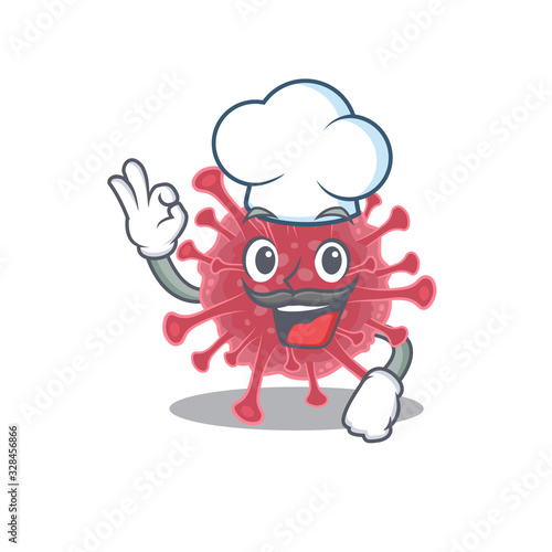 Cute coronavirus disease cartoon character wearing white chef hat