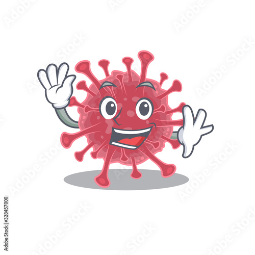 Smiley coronavirus disease cartoon mascot design with waving hand