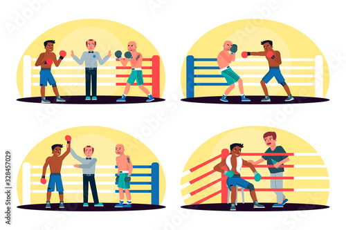 Boxers with referee in ring sport championship set