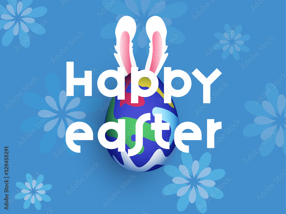 Happy Easter Text with Realistic Printed Egg and Bunny Ear on Blue Floral Background. Happy Easter Text with Realistic Printed Egg and Bunny Ear on Blue Floral Background.