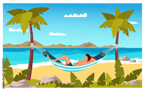 Man tourist character sleaping in hammock at seacoast. Tropical resort on summer vacation. Vacation in warm country. Sea line, sand beach, sun, sky, palms. Vector flat colorful illustration.