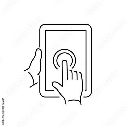 Vector linear tablet icon with one finger double tapping gesture on touch screen | flat design thin line bblack modern illustration and infographic isolated on white background
