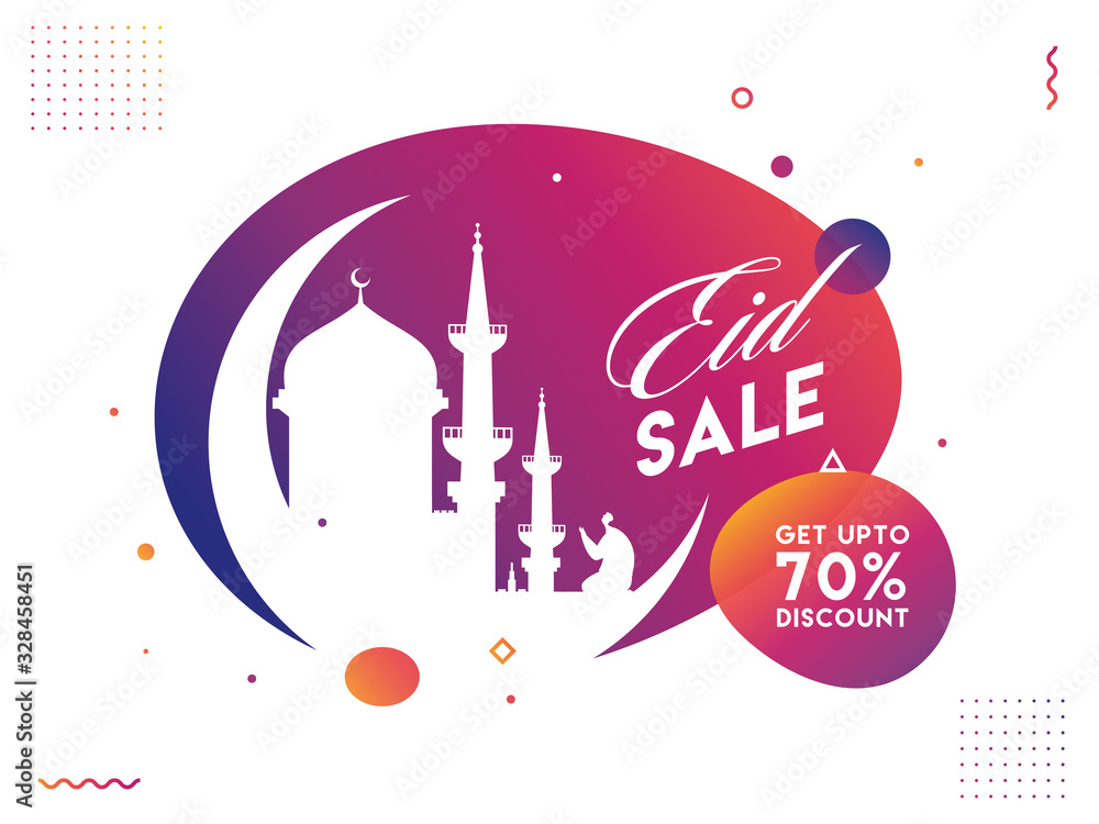 Eid Sale Poster Design with 70% Discount Offer, Crescent Moon, Mosque and Muslim Man Offering Namaz on Abstract Background.