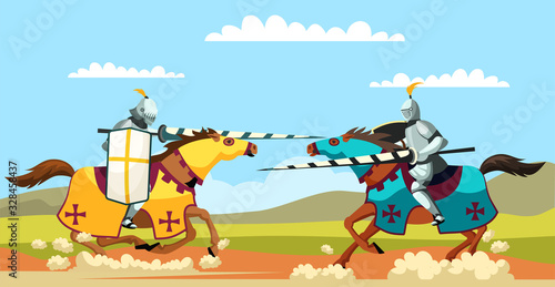 Two medieval armed knights galloping on horseback