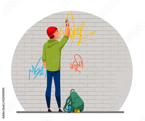 Graffiti drawing on wall flat vector illustration. Young people, teenager, hooligan making inscription on building cartoon character. Street artist.