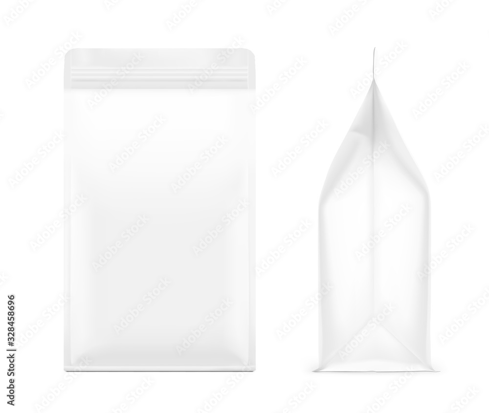 Realistic food bags isolated on white background. Side and front view. Vector illustration. Can be use for template your design, presentation, promo, ad. EPS 10.	 - obrazy, fototapety, plakaty 