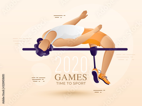 Faceless Disabled Man High Jump Crossbar on Patel Peach Background for 2020 Game Time To Sport.