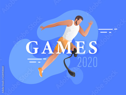 Faceless Disabled Man Running Fast on Blue Background for 2020 Games.