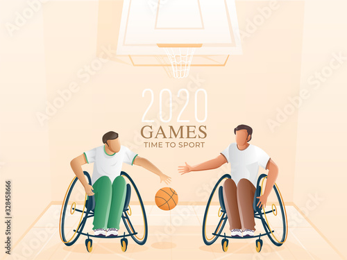 Handicap Sportsmen Playing Basketball and Hoop on Pastel Peach Background for 2020 Games Time To Sport.