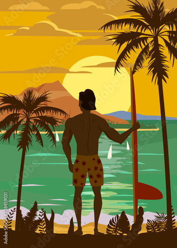 Surfer standing with surfboard on the tropical beach back view. Hawaii surfing palms ocean theme