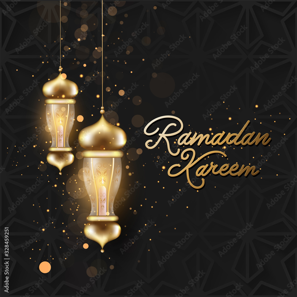 Golden Ramadan Kareem Font with Hanging Illuminated Lanterns and Bokeh Light Effect on Black Laser Cut Arabic Pattern Background. Golden Ramadan Kareem Font with Hanging Illuminated Lanterns and Bokeh Light Effect on Black Laser Cut Arabic Pattern Background.