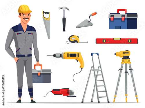 Builder engineer man and construction tools set