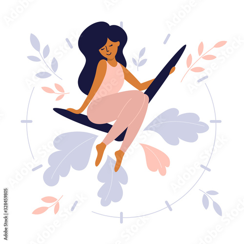Take time for yourself or self care design concept. Cute girl sits on clock hands of huge watch. Happy mom enjoy free time. Vector illustration busy woman need take a break and relax. Motherhood Issue
