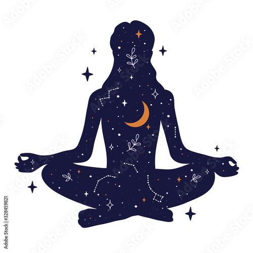 Young woman sits in lotus pose of yoga. Universe with crescent moon, constellations, galaxy and stars inside the girl. Free mind concept. Vector illustration of meditation, self care or mindfulness.