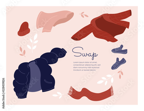 Swap shop or party design concept. Event of exchange old wardrobe for new. Postcard with text and illustration of outerwear and sneakers. Vector flyer, poster, advert or invitation to exchange clothes
