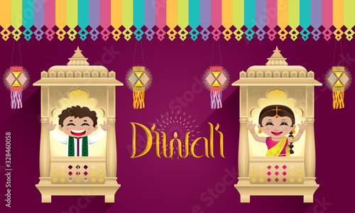 Indian boy and girl celebrating Diwali. With traditional Indian style window frame.