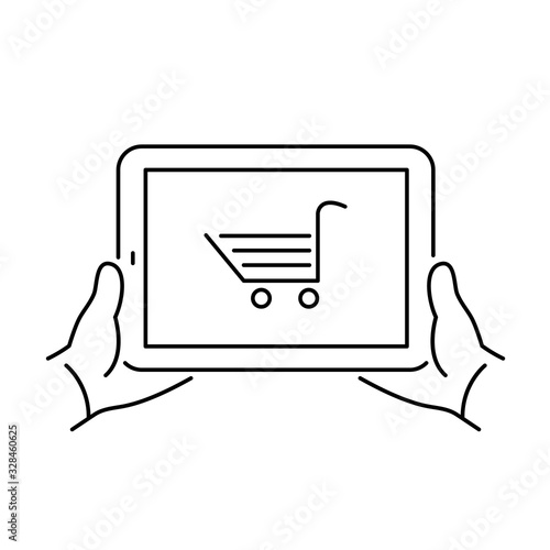 Vector linear tablet icon with online eshop cart on screen | flat design thin line black modern illustration and infographic isolated on white background