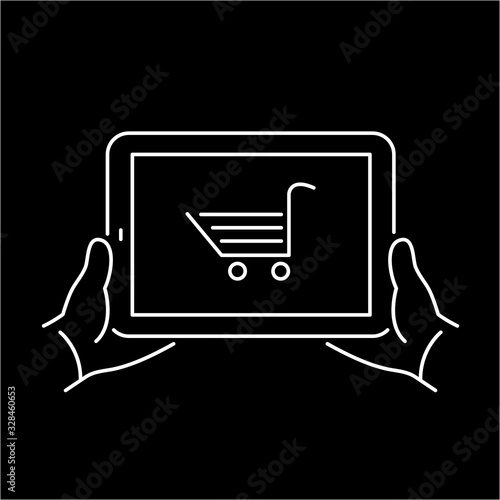 Vector linear tablet icon with online eshop cart on screen | flat design thin line white modern illustration and infographic isolated on black background