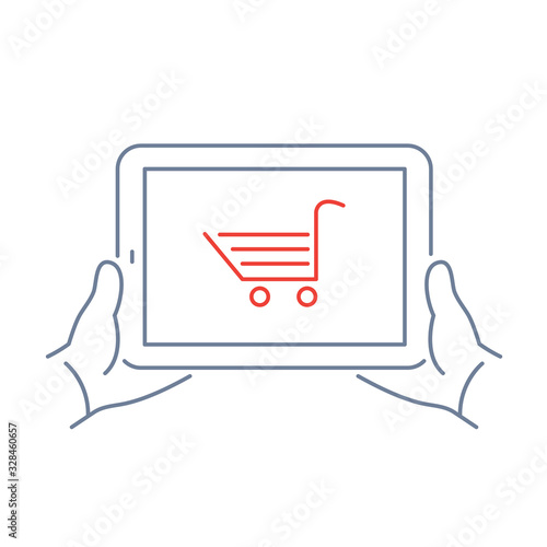 Vector linear tablet icon with online eshop cart on screen | flat design thin line blue and red modern illustration and infographic isolated on white background