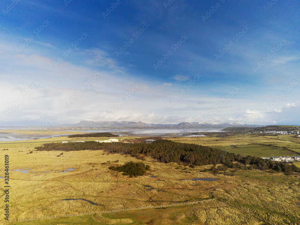 Aerial view, Country landscape with Benbulben mountain in the background. Sligo, Ireland.