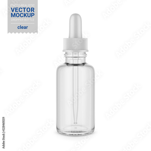 Clear glass dropper bottle mockup. Vector illustration.