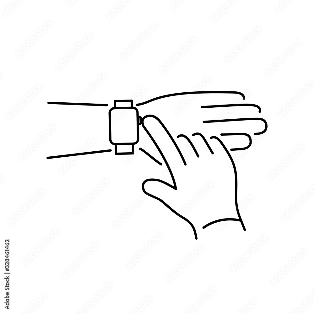 Vector smart watch linear icon with push button on smartwatches with one finger gesture | flat design thin line black modern illustration and infographic isolated on white background