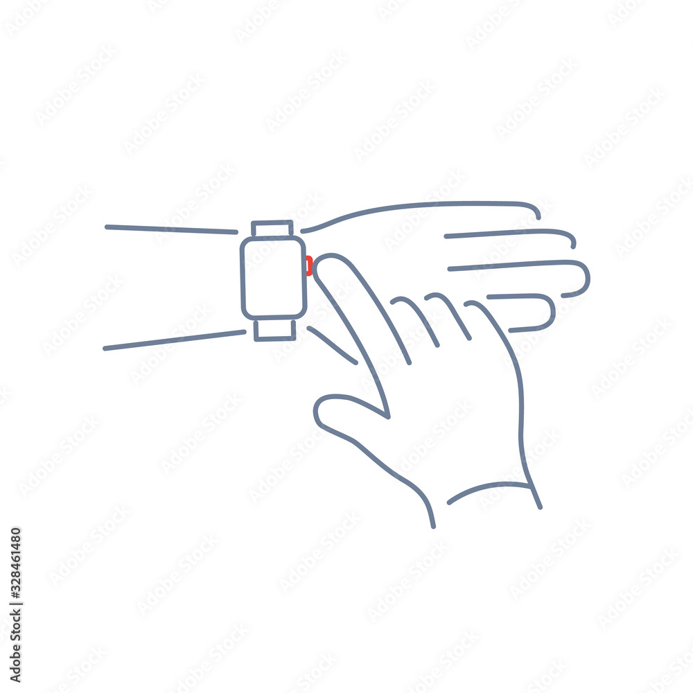 Vector smart watch linear icon with push button on smartwatches with one finger gesture | flat design thin line blue and red modern illustration and infographic isolated on white background Vector smart watch linear icon with push button on smartwatches with one finger gesture | flat design thin line blue and red modern illustration and infographic isolated on white background