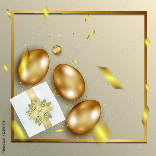 Happy Easter day celebration party. 3D golden egg with realistic golden shine decorated confetti for banner, greeting card, social media advertise. On background abstract