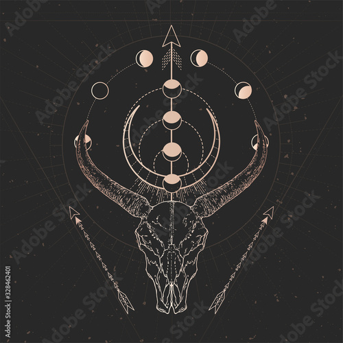 Vector illustration with hand drawn Wild buffalo skull and Sacred geometric symbol on black vintage background. Abstract mystic sign.
