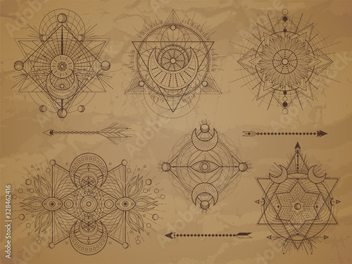 Vector set of Sacred symbols with moon, eye, sun and geometric figures on old paper background. Abstract mystic signs collection.