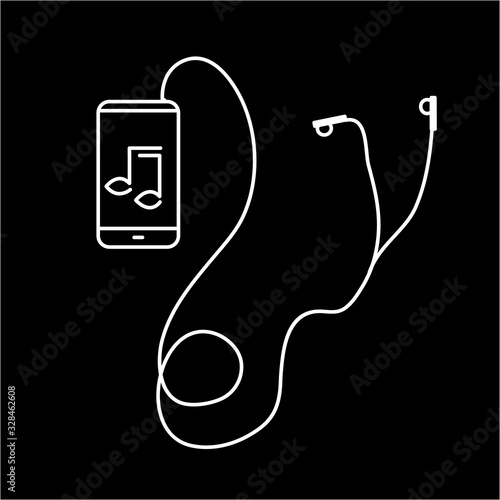 Vector linear phone and technology icons with smartphone with music icon and headphones | flat design thin line modern white illustration and infographic on black background