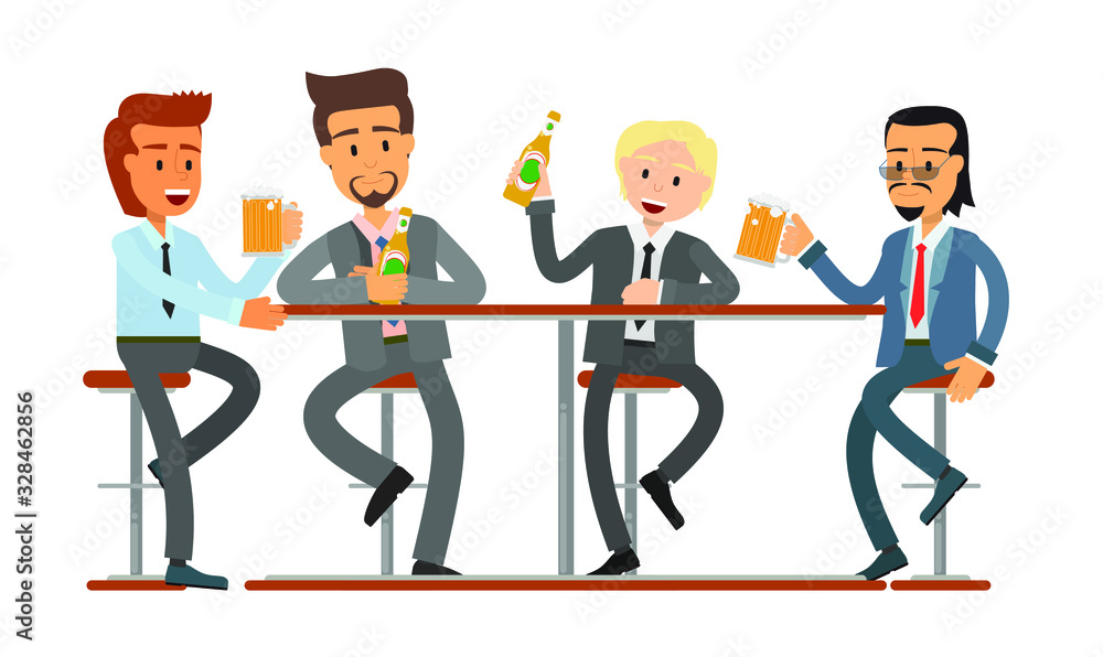 male friends drinking beer in a bar, pub, coffee shop. business suit, businessmen meeting Vector, flat design people. Isolated on a white background.