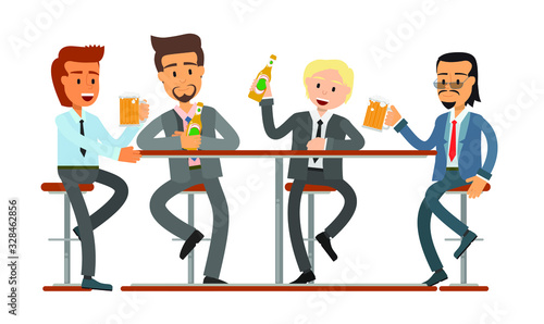 male friends drinking beer in a bar, pub, coffee shop. business suit, businessmen meeting Vector, flat design people. Isolated on a white background.