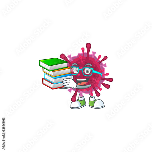 A brainy clever cartoon character of amoeba coronaviruses studying with some books