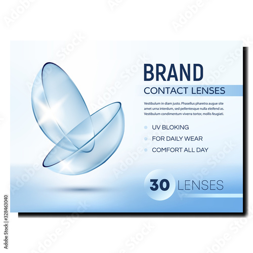 Contact Lenses Creative Advertising Poster Vector. Uv Blocking And Comfort Daily Wear Medical Lenses For Correction Vision. Eye Health Equipment Concept Layout Realistic 3d Illustration