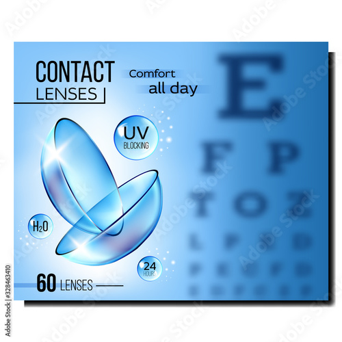 Contact Lenses In Special Liquid Banner Vector. Lenses In Water. Comfort Medical Tool For Correction Vision, Eyesight Test On Background. Healthcare Equipment Concept Mockup Realistic 3d Illustration